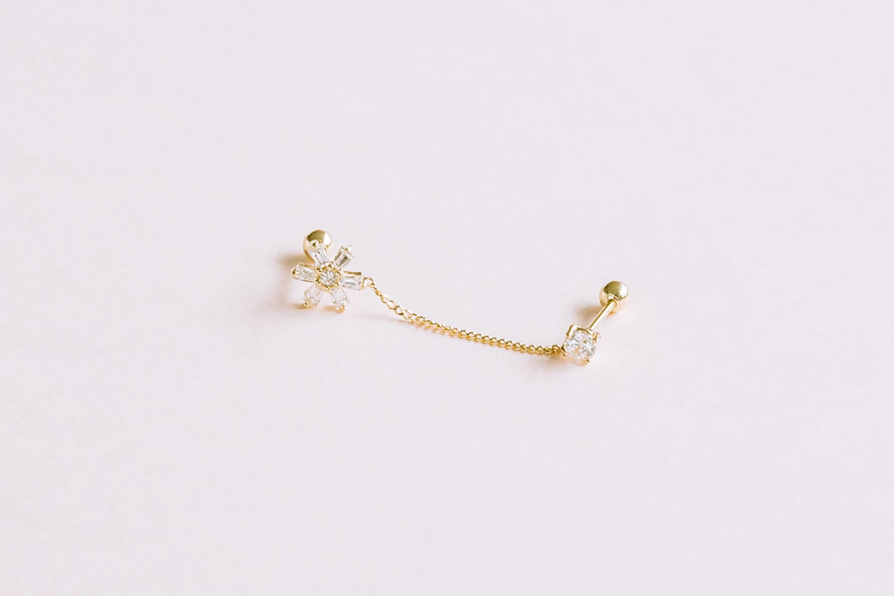 14k Gold Jewelry Cz Cute Snowflake Double Barbells Ears Stud Piercing