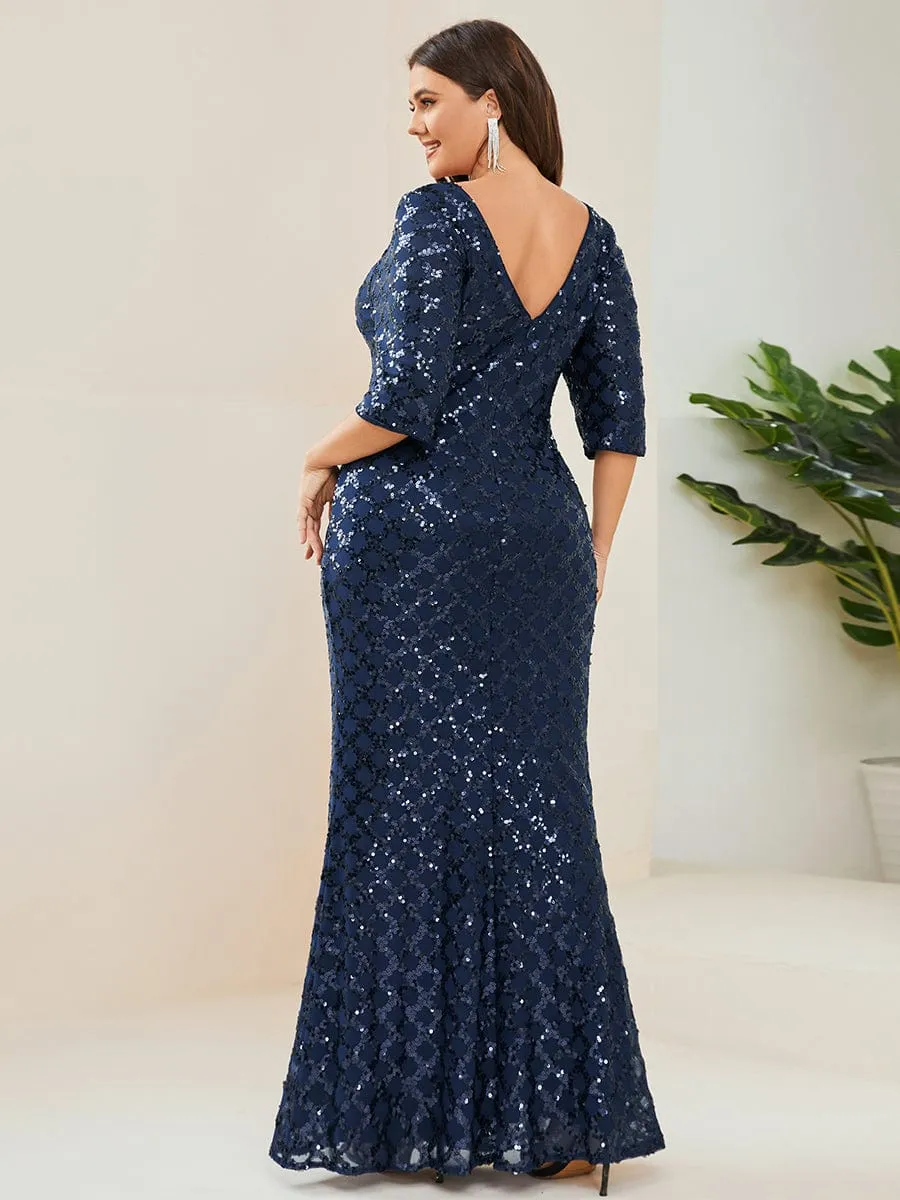 3/4 Sleeve Bodycon Plunging Back Sequin Evening Dress