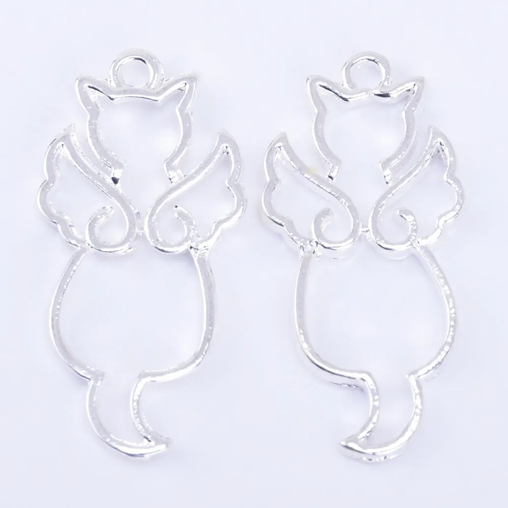 37*18*2mm Zinc alloy Imitation Rhodium Angel cat Open Back Bezel Pendant Tray Blank Frame Charm 10pcs 10233703