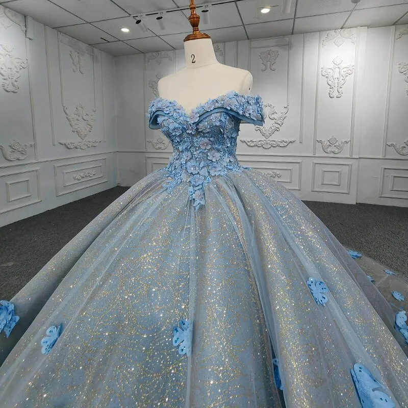 3D flower applique shiny lace blue ball gown evening gala quinceanera dress