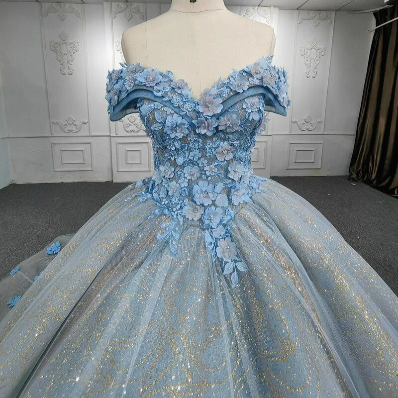 3D flower applique shiny lace blue ball gown evening gala quinceanera dress