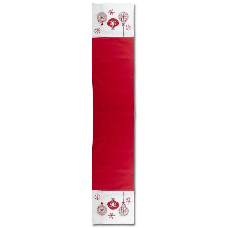 70 Inch White/Red Cotton Runner w/Felt Ornaments & Snowflakes 70H x 13W