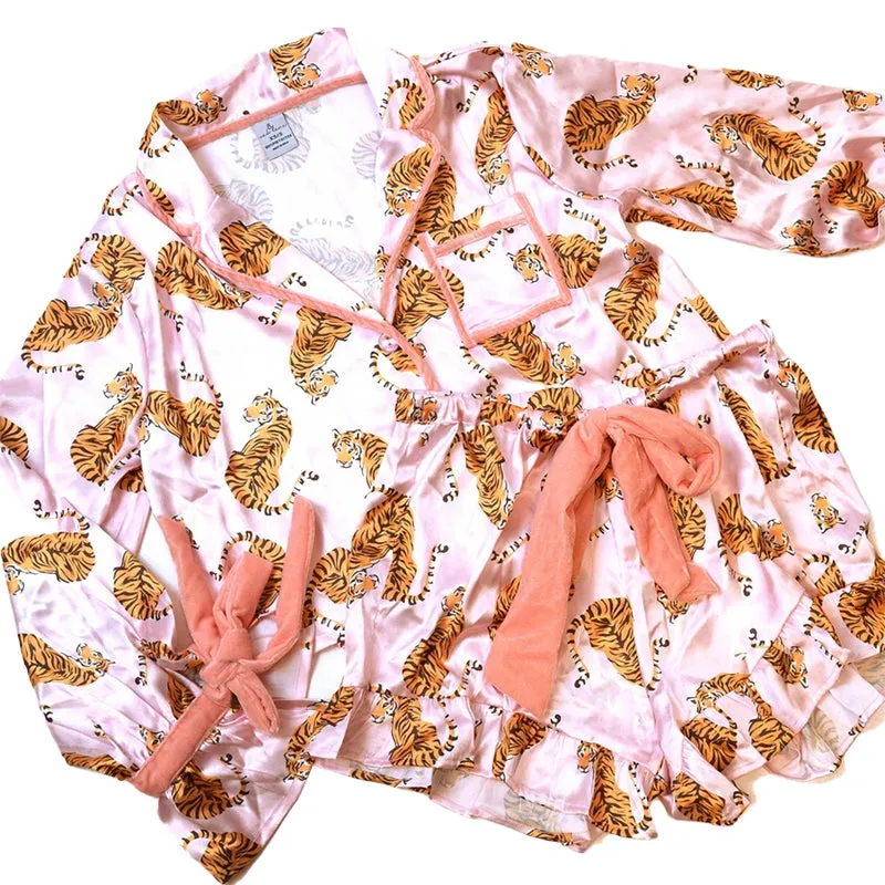 8 OAK LANE | Luxe Satin Ruffle Short PJ Set - Pink Tiger