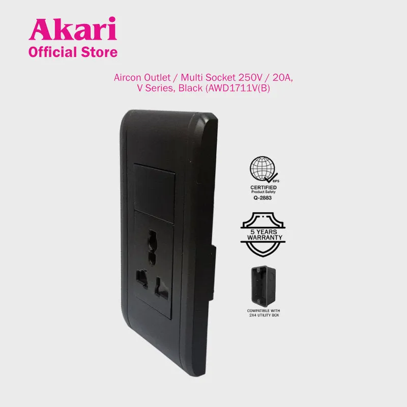 Akari Aircon Outlet / Multi Socket 250V / 20A, V Series, Black (AWD1711V(B)