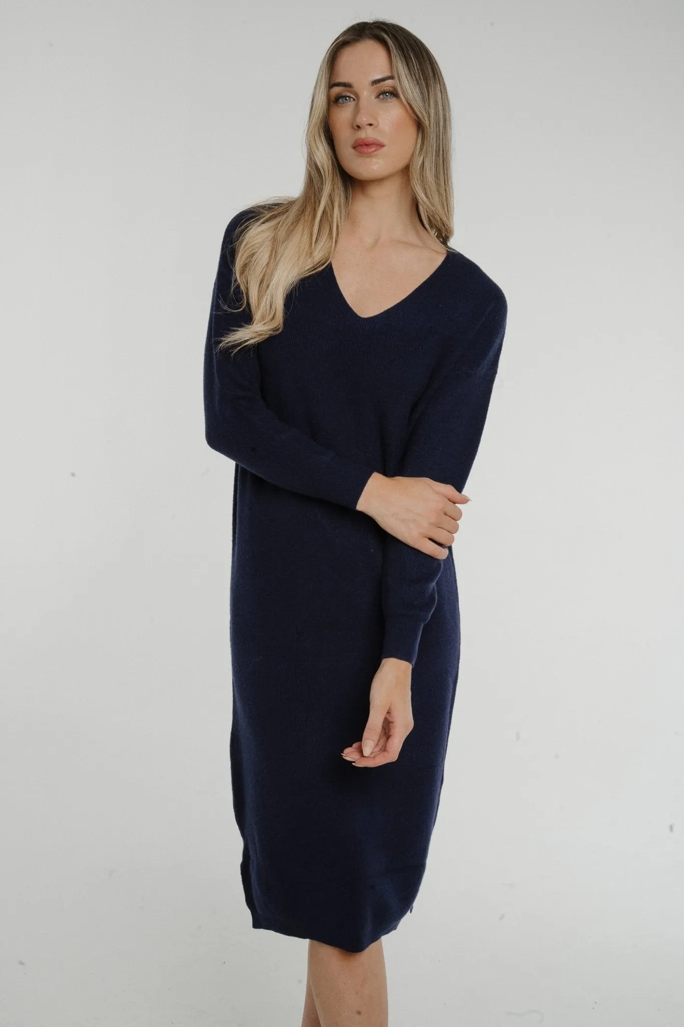 Ally V-Neck Knit Midi Dress In Navy