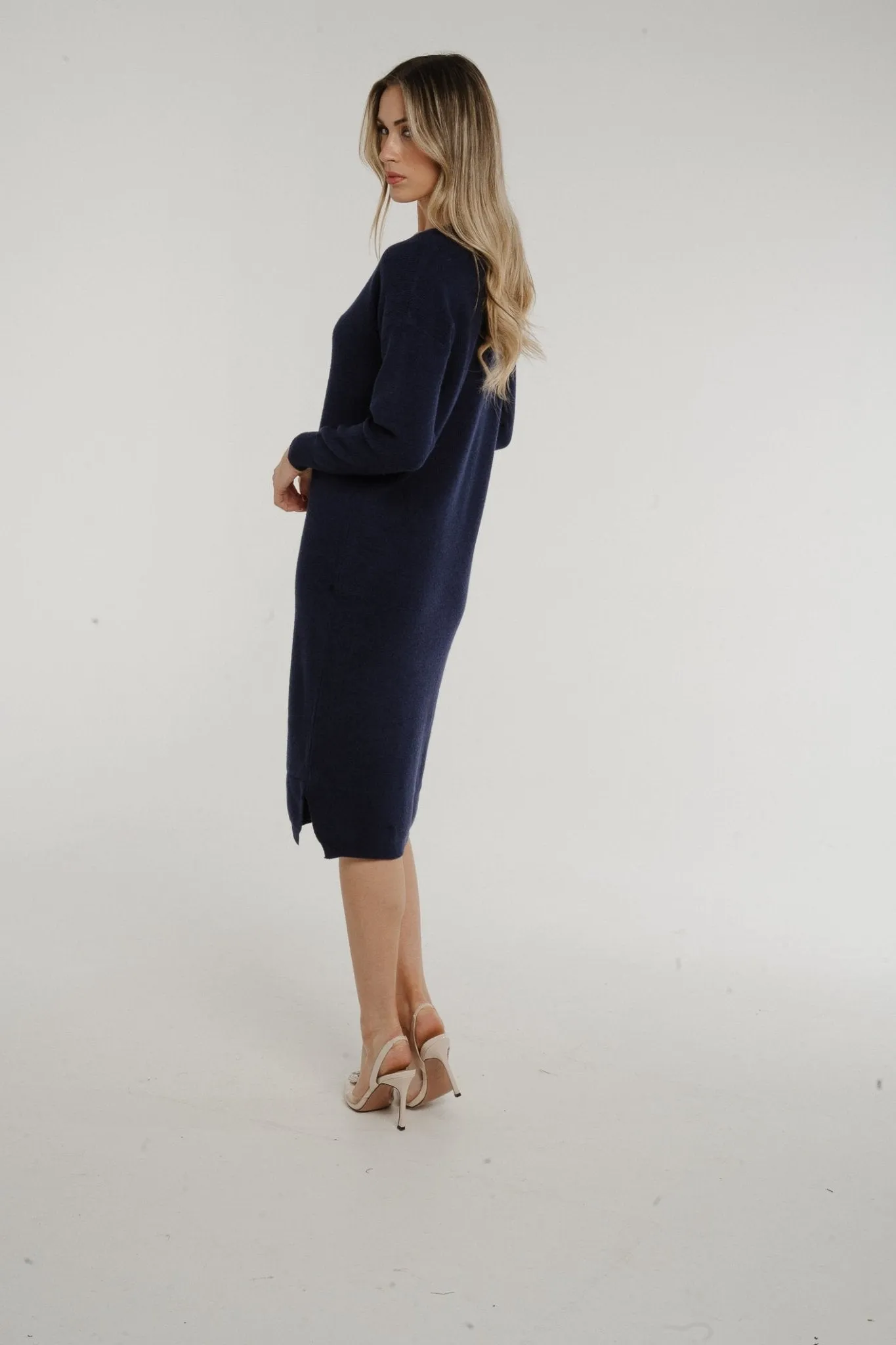 Ally V-Neck Knit Midi Dress In Navy