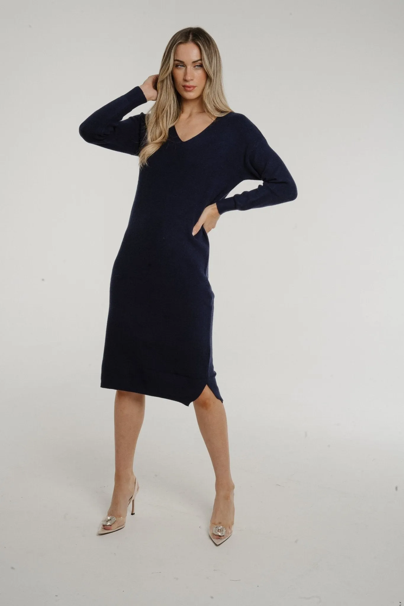 Ally V-Neck Knit Midi Dress In Navy