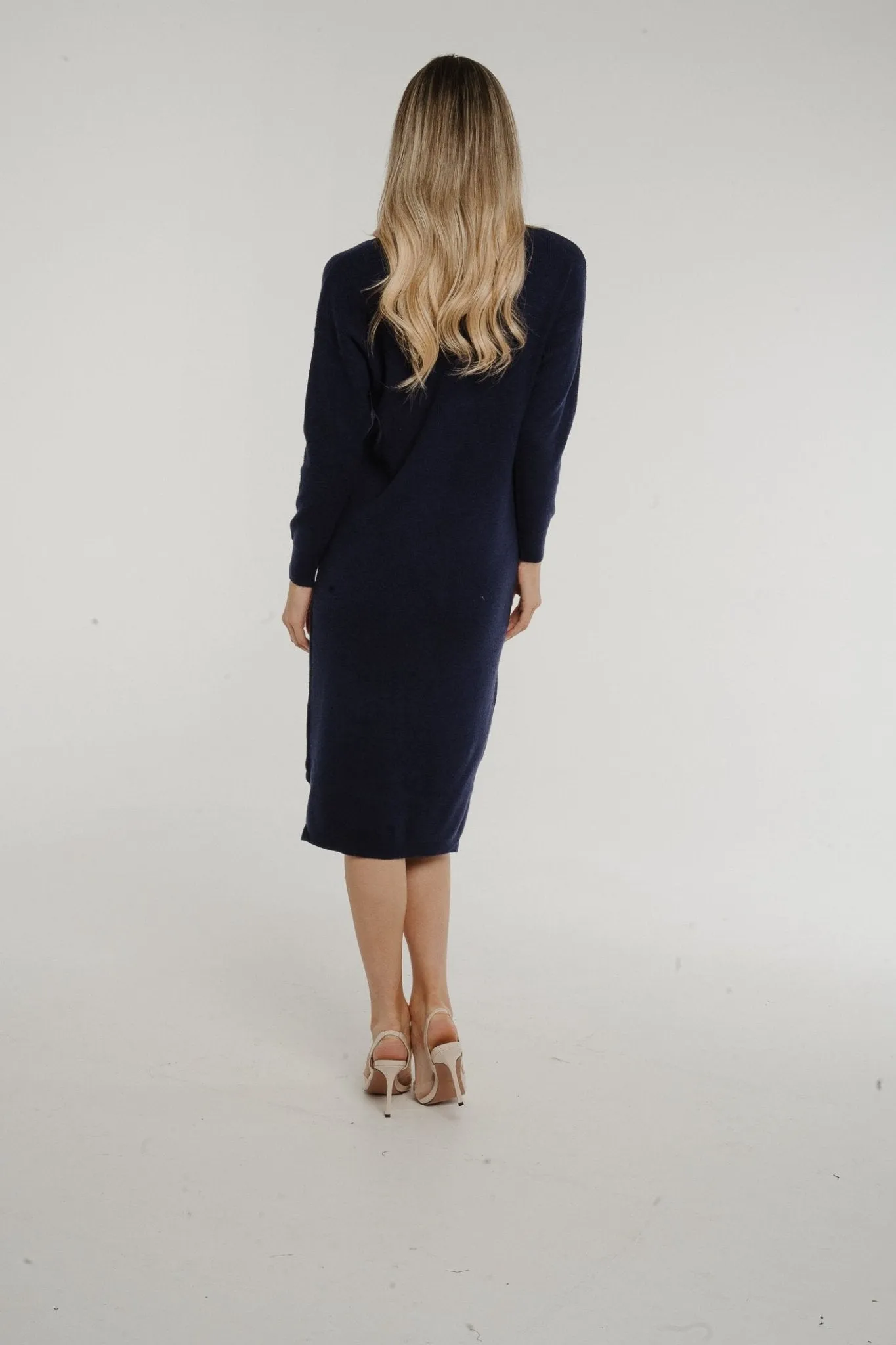 Ally V-Neck Knit Midi Dress In Navy