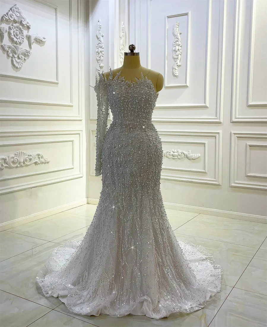 AM1115 One Shoulder Lace 2 in 1 detachable train mermaid bridal gown Luxury Wedding Dress