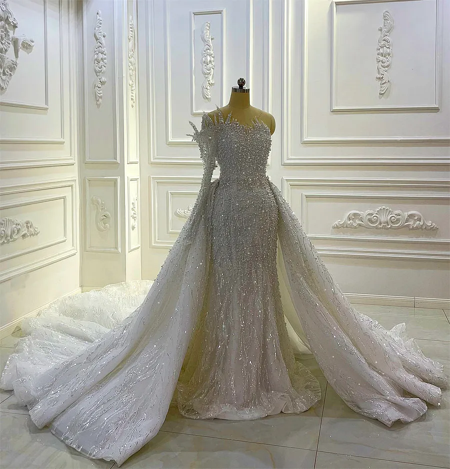 AM1115 One Shoulder Lace 2 in 1 detachable train mermaid bridal gown Luxury Wedding Dress