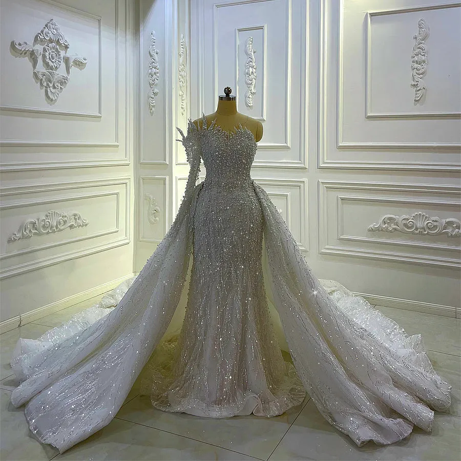 AM1115 One Shoulder Lace 2 in 1 detachable train mermaid bridal gown Luxury Wedding Dress