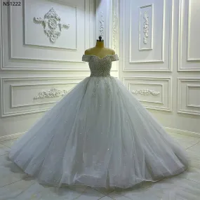 AM1222 Off Shoulder Pearls Floor Length luxury Wedding Dress