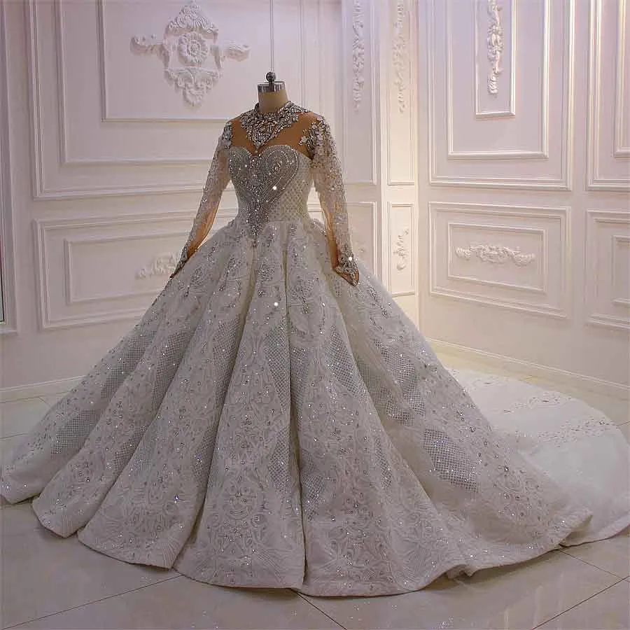 AM480 Luxurious Sexy Crystal Beaded Sequin Ball Gown Wedding Dress with long sleeves and a long cathedral train