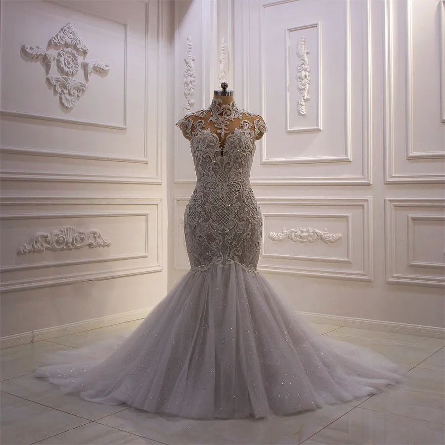 AM633 High Neck Long Sleeve Champagne Detachable Skirt mermaid Wedding dress