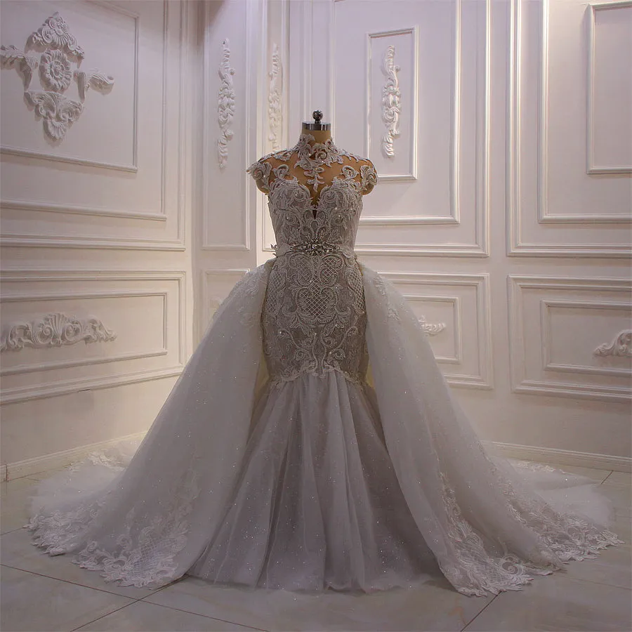 AM633 High Neck Long Sleeve Champagne Detachable Skirt mermaid Wedding dress