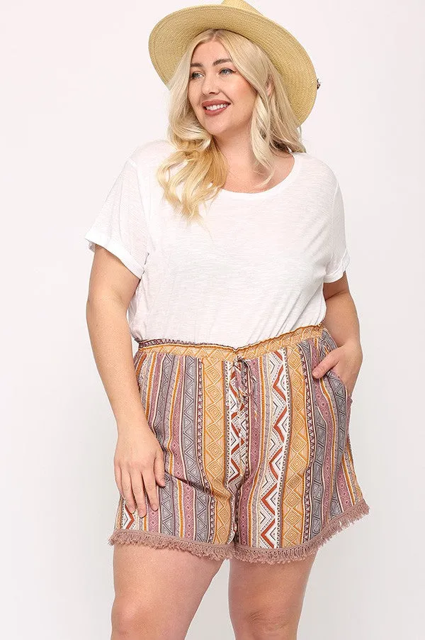 Aztec Print and Fringe Trim Shorts w/Adjustable Tie Waist