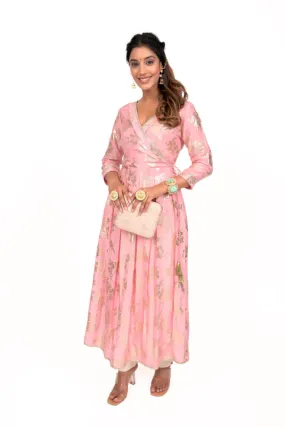 Baby Pink Foil Print Mul Silk Anarkali Kurta