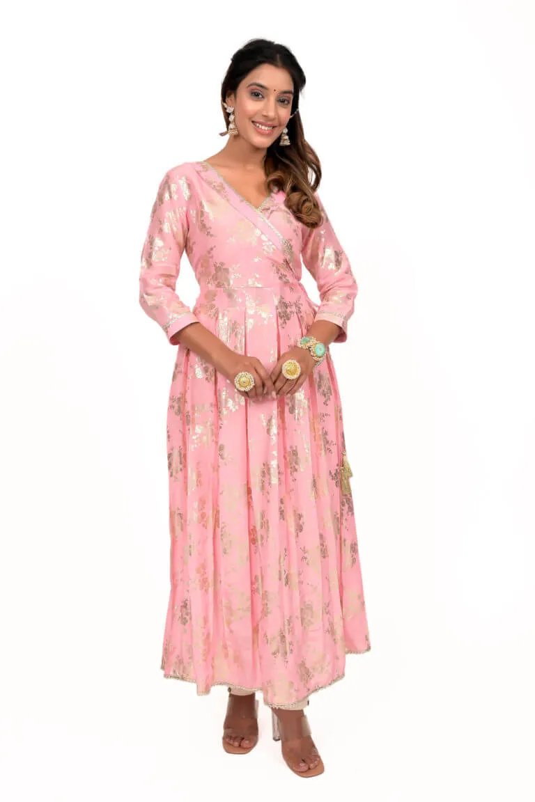 Baby Pink Foil Print Mul Silk Anarkali Kurta