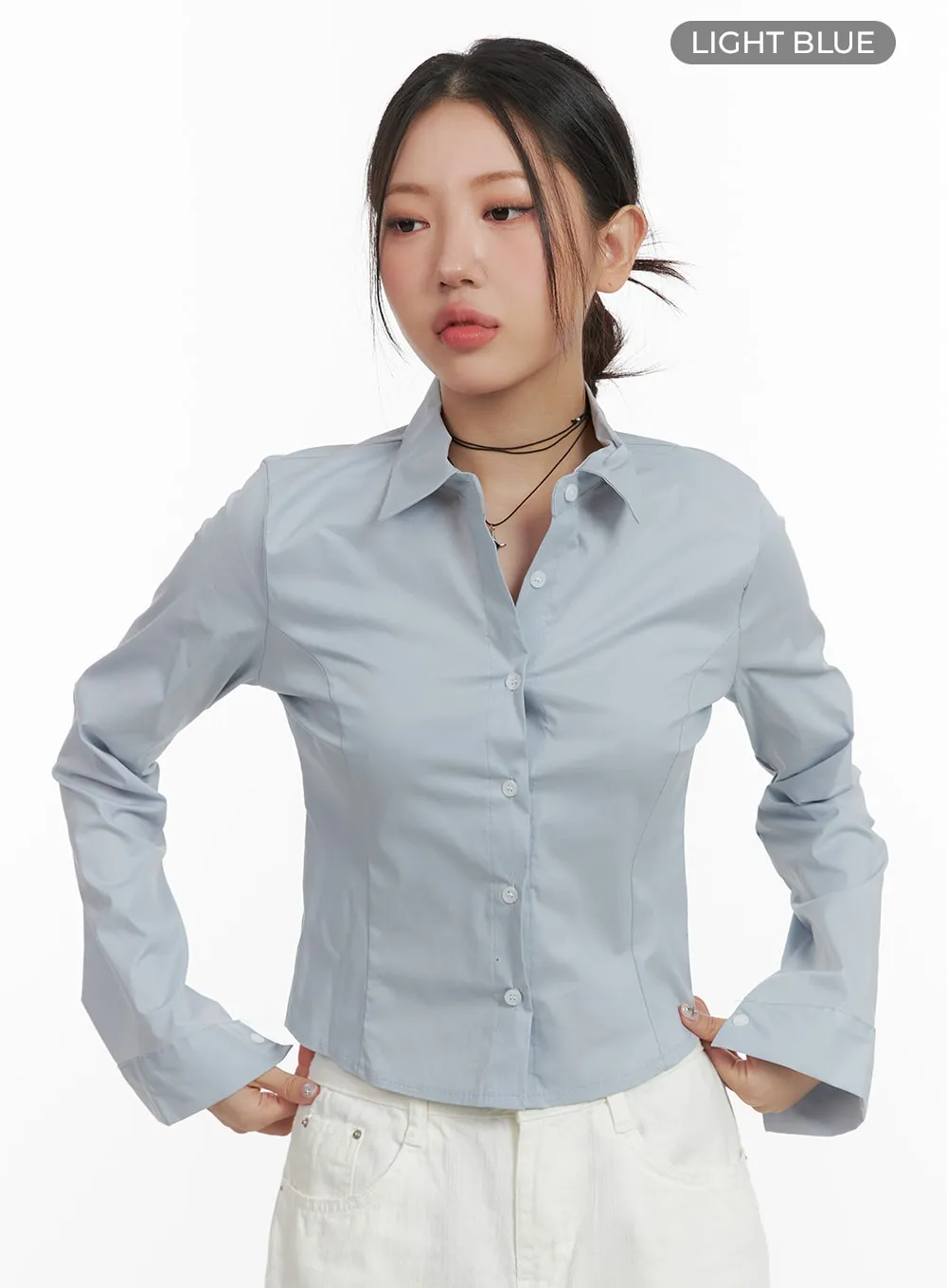 Basic Cropped Cotton Buttoned Shirt OA416