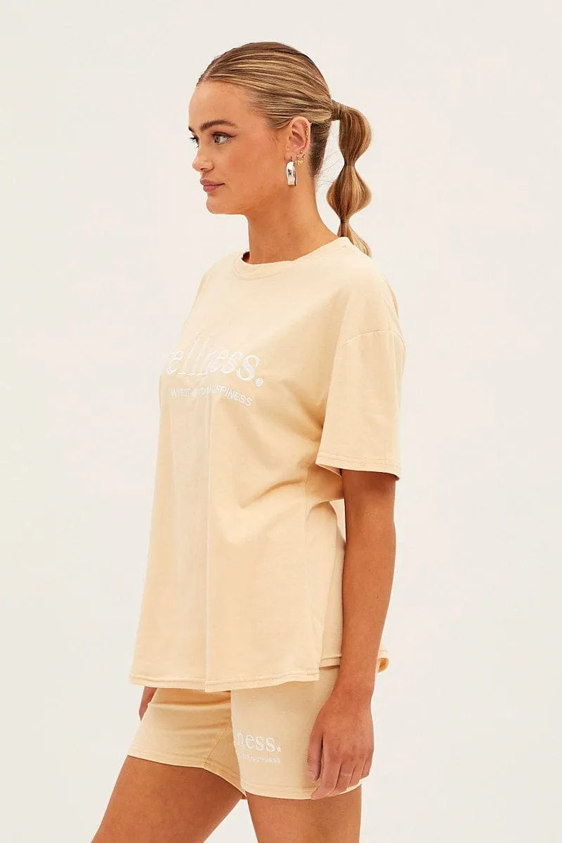 Beige Embroided T And Biker Shorts Set