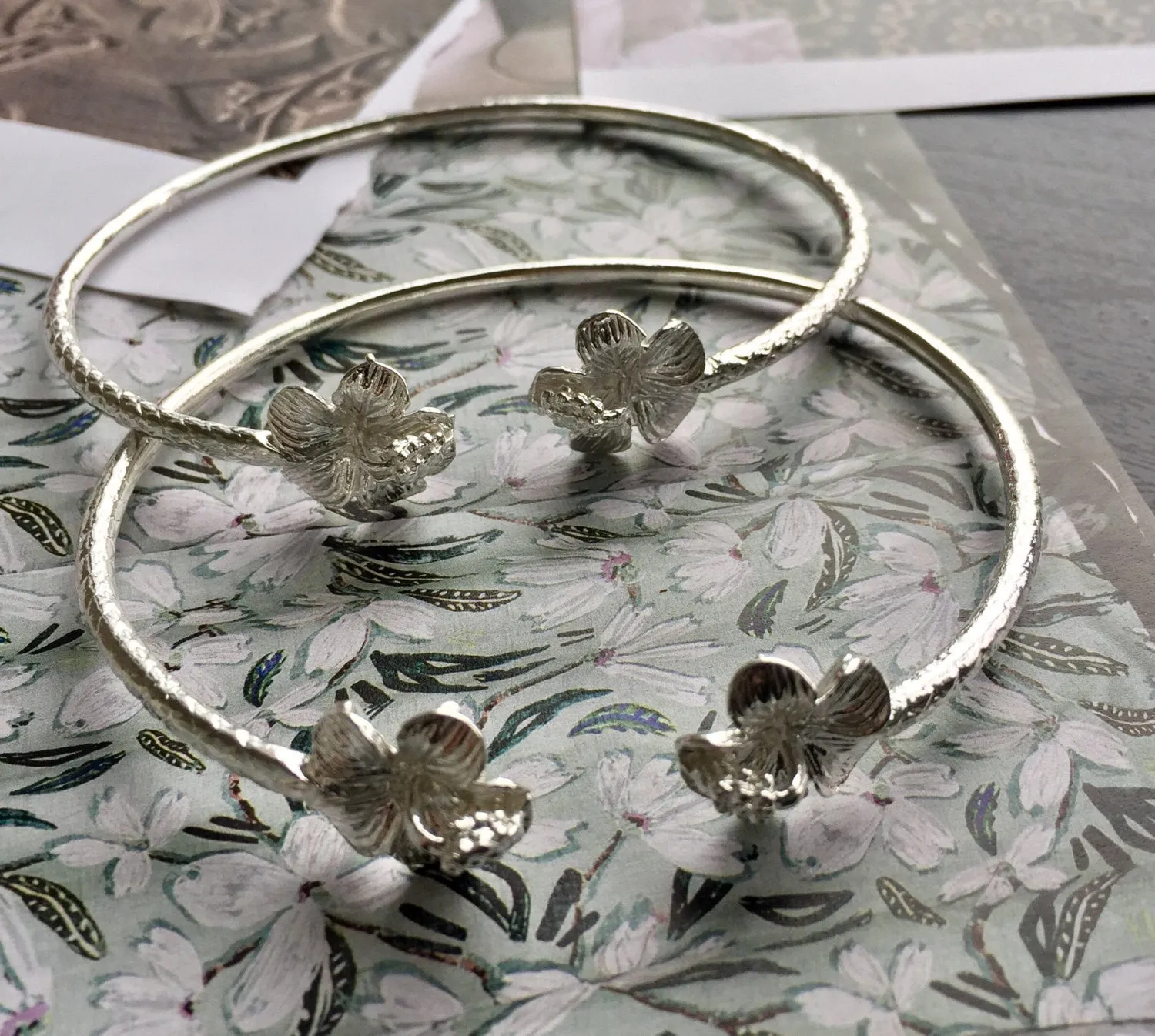 Better Jewelry Flower Hibiscus .925 Sterling Silver West Indian Bangles, 1 pair