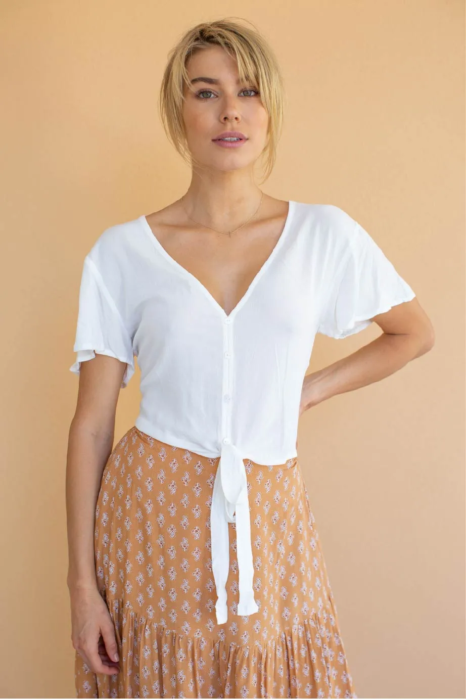 Beverley White Button Front Crop