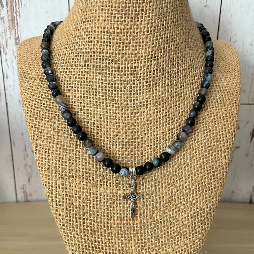 Black and Smoky Agate with Silver Cross Mens Necklace