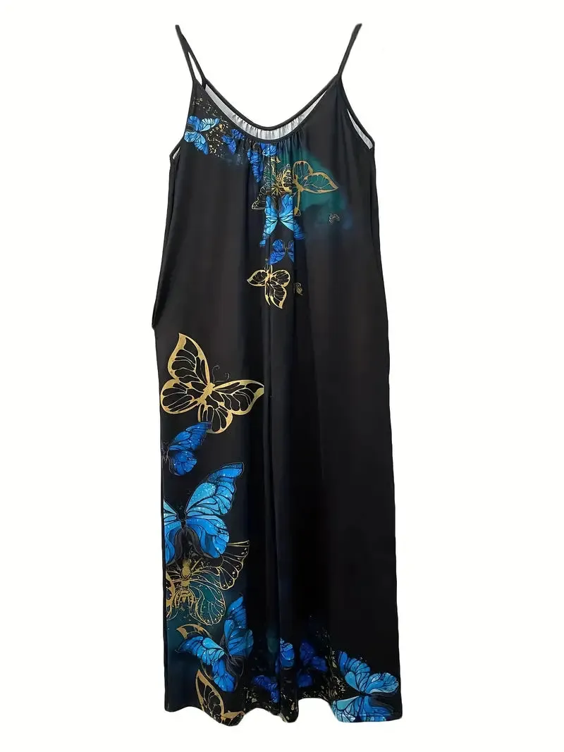 Black Butterfly Print Wide Leg Jumpsuit