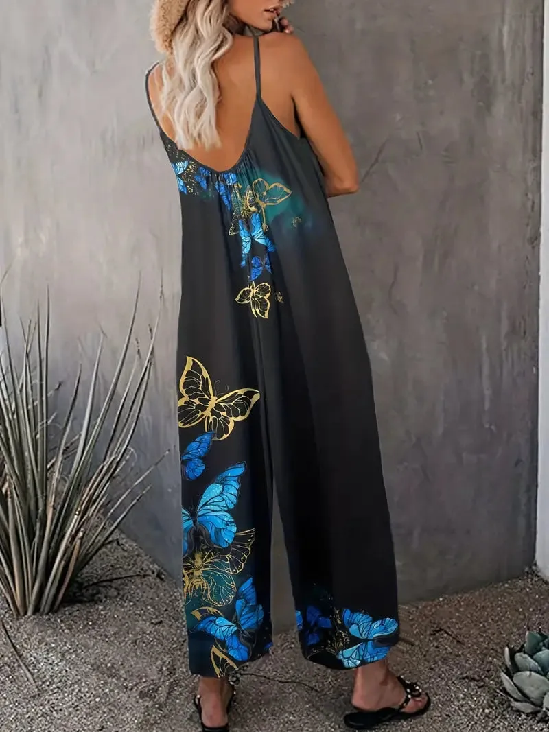 Black Butterfly Print Wide Leg Jumpsuit