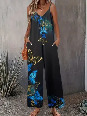 Black Butterfly Print Wide Leg Jumpsuit