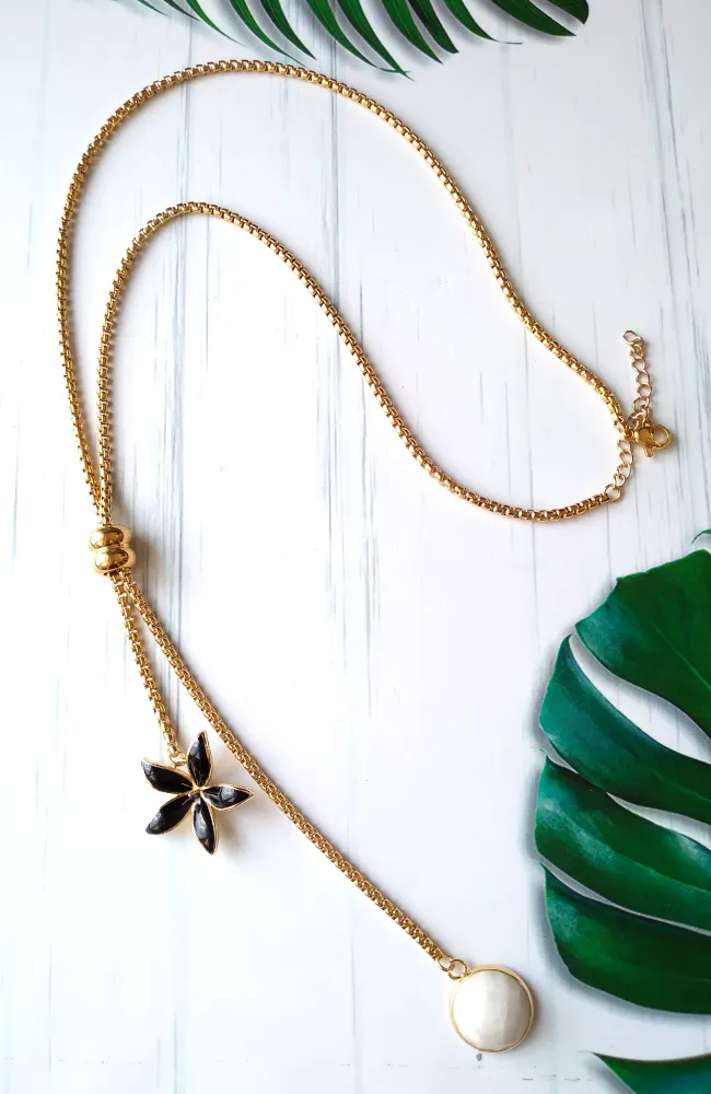 Black Enamel Flower with White Howlite Slider Necklace