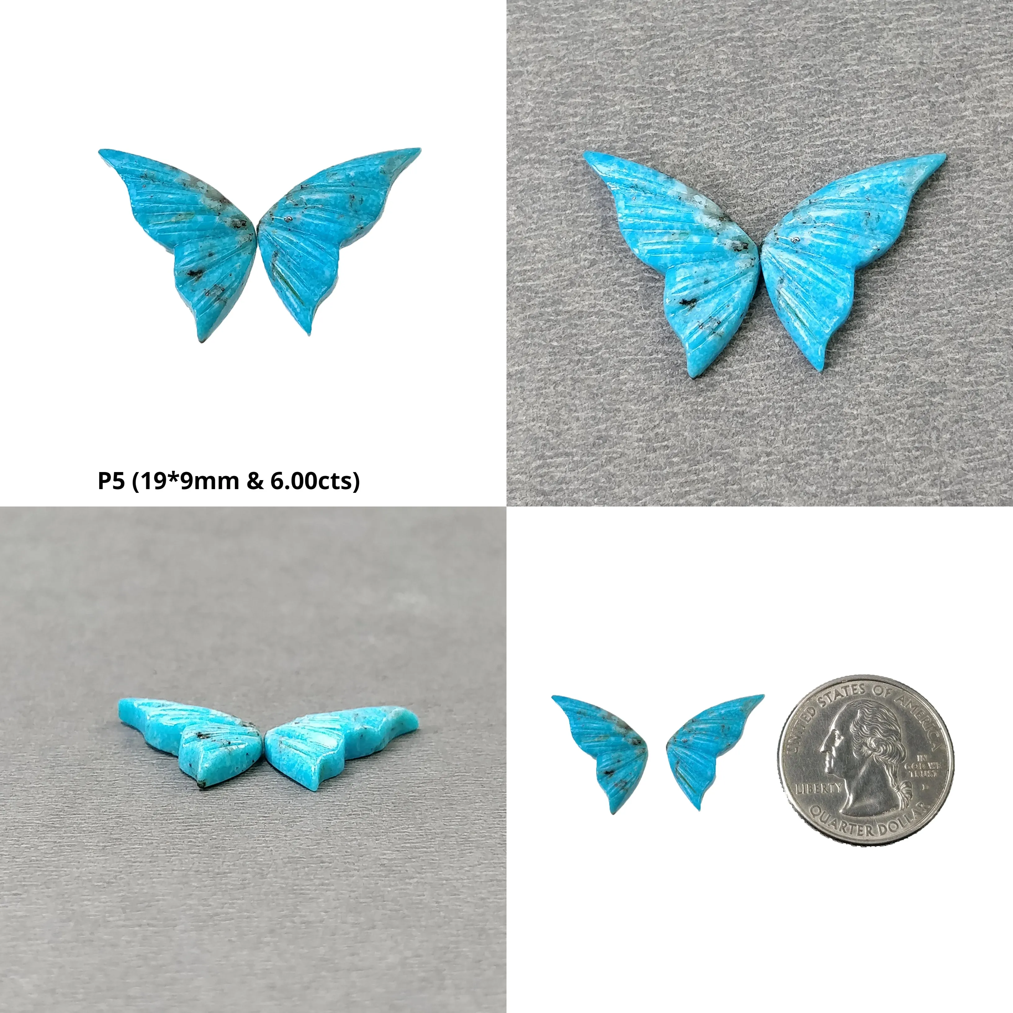 Blue TURQUOISE Gemstone Carving : Natural Untreated Unheated Arizona Turquoise Hand Carved Butterfly Pair