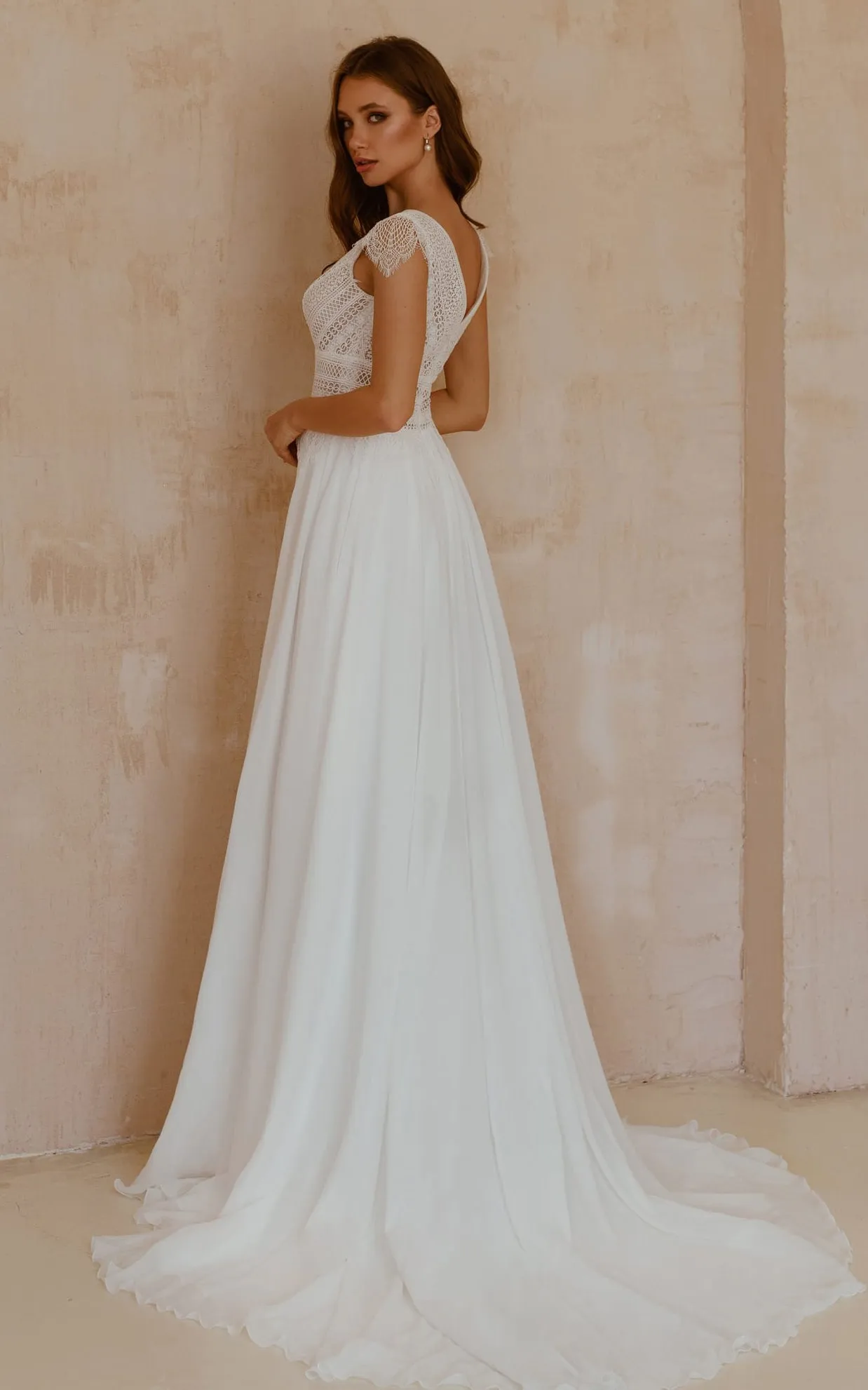 Bohemian Short Sleeve Chiffon Lace V-neck A Line Floor-length Wedding Dress with Sweep Train-715914