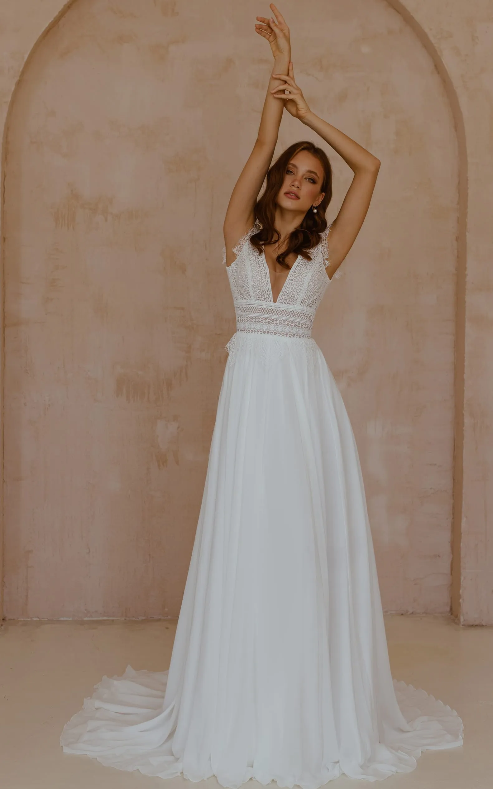 Bohemian Short Sleeve Chiffon Lace V-neck A Line Floor-length Wedding Dress with Sweep Train-715914