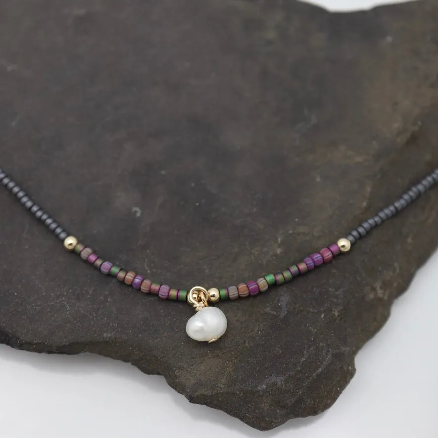 Boho Japanese Seed Bead Choker with Fresh Water Pearl - Raku