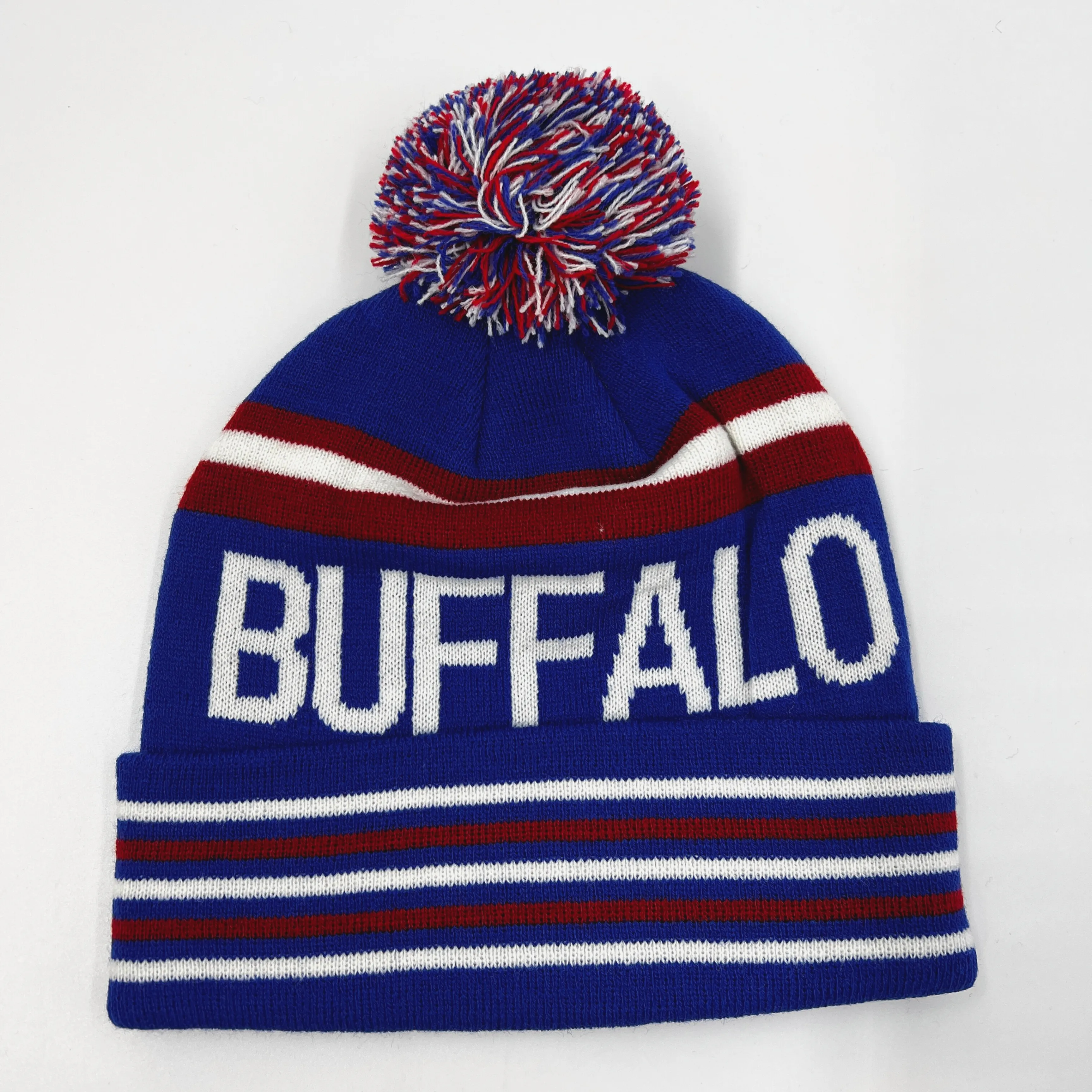 Buffalo Red, White, and Blue Knit Pom Pom Winter Hat