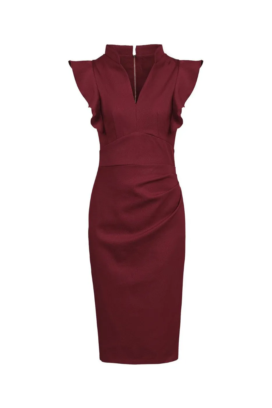 Burgundy Red Ruffle Shoulder Bodycon Pencil Dress