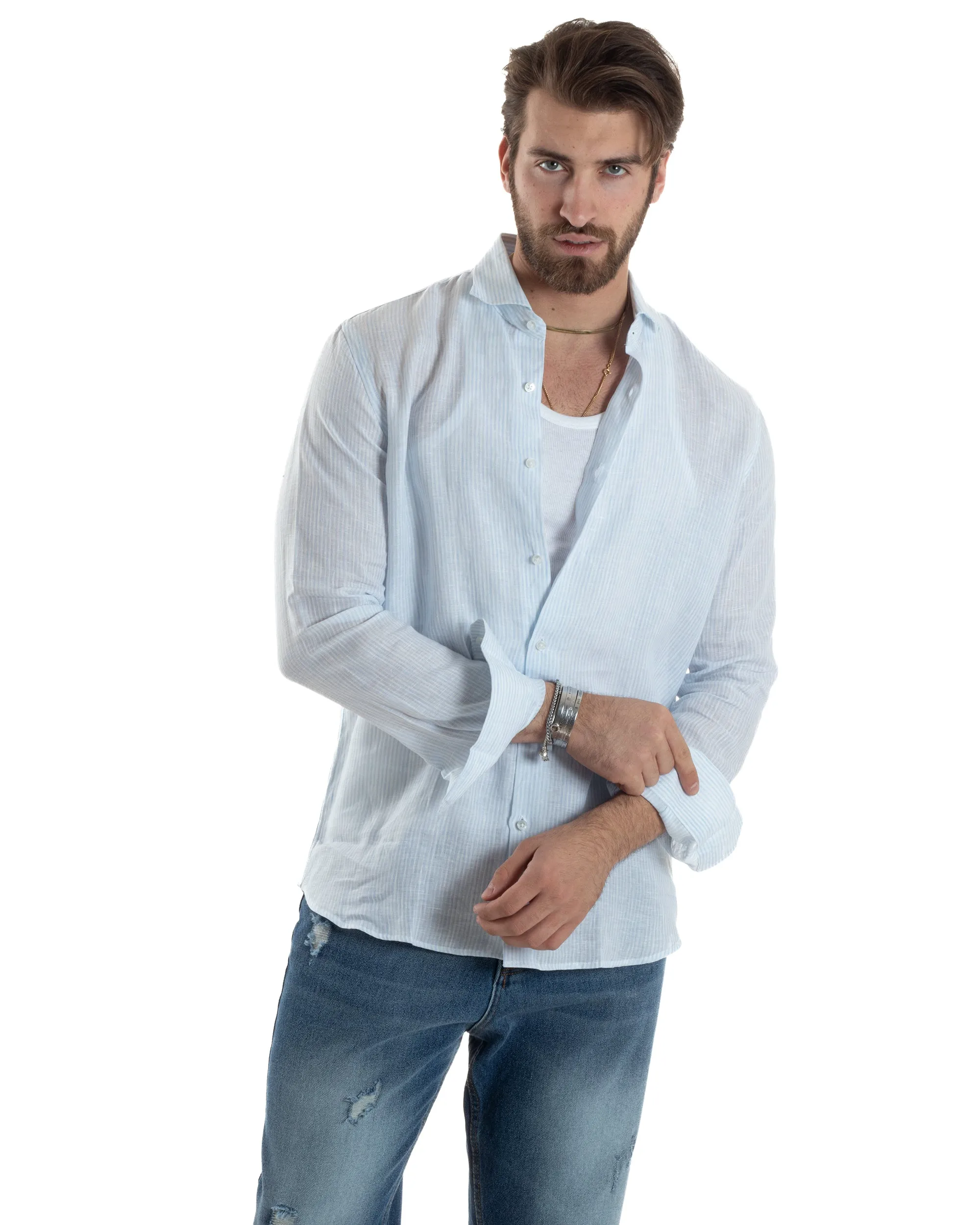 Camicia Uomo Lino Collo Francese Con Colletto Manica Lunga Regular Fit Riga Stretta Celeste GIOSAL-C2857A