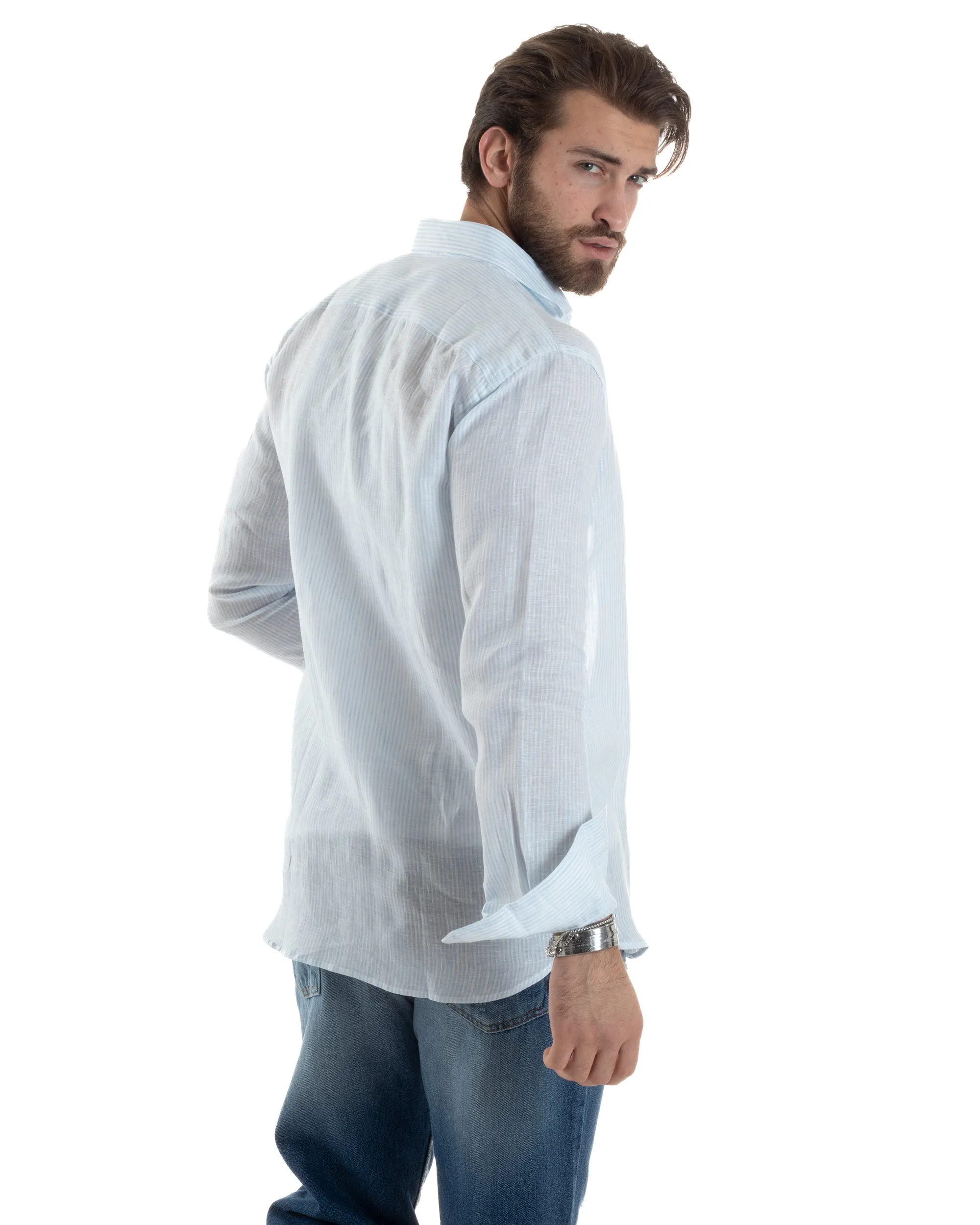 Camicia Uomo Lino Collo Francese Con Colletto Manica Lunga Regular Fit Riga Stretta Celeste GIOSAL-C2857A