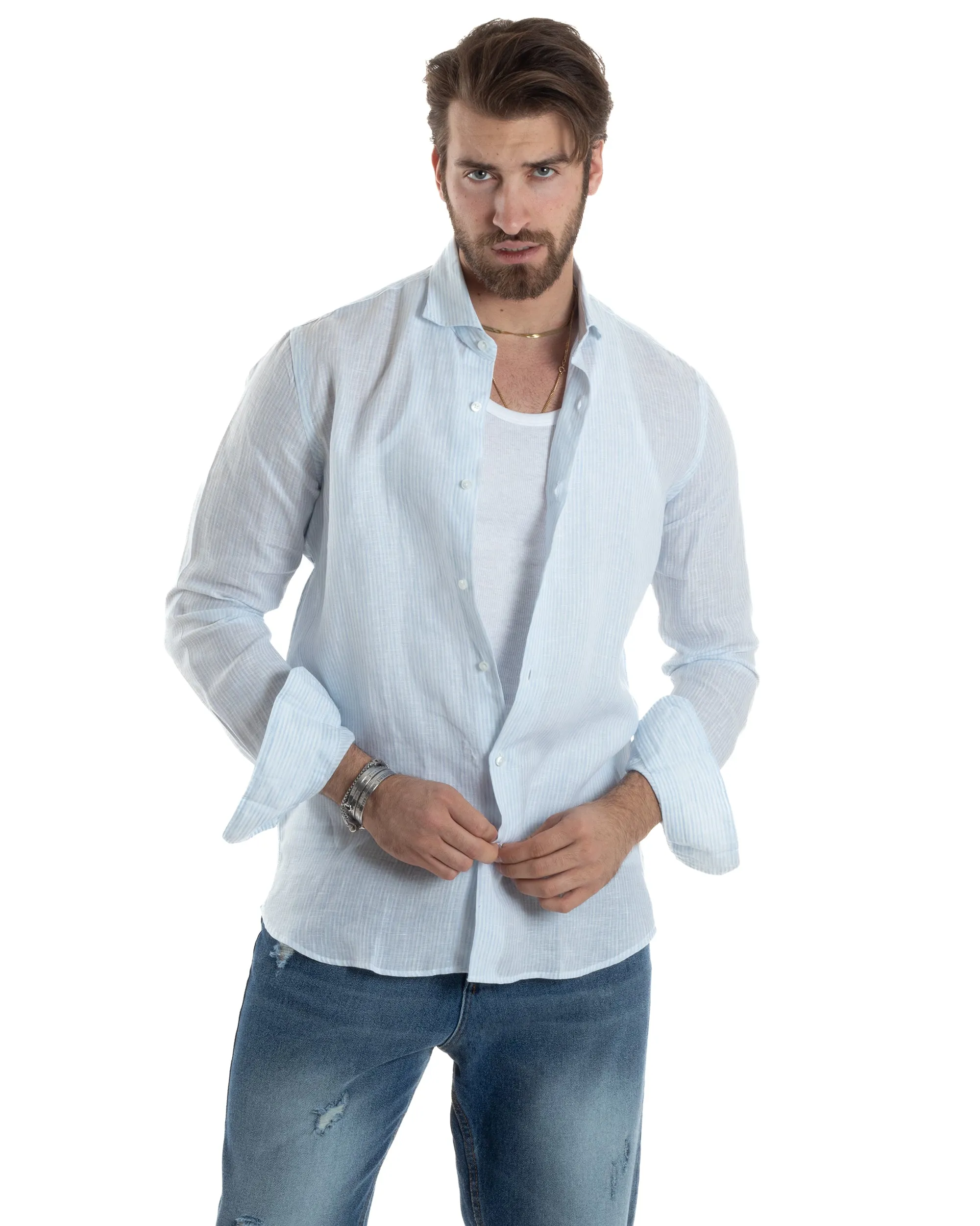 Camicia Uomo Lino Collo Francese Con Colletto Manica Lunga Regular Fit Riga Stretta Celeste GIOSAL-C2857A