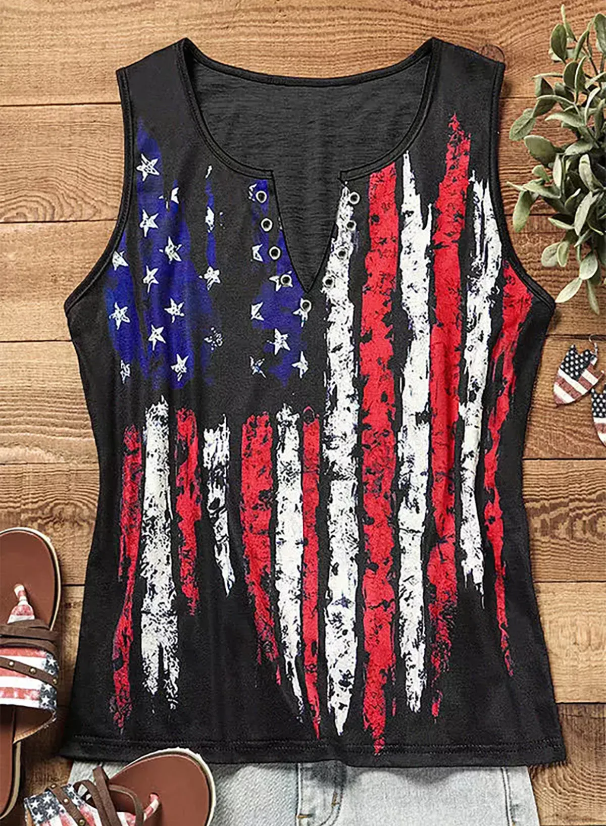 Celebrate America on the Fourth of July with Our Star and Stripe Notched Neck Tank – Perfect for Independence Day Festivities and Showing Your Patriotic Spirit