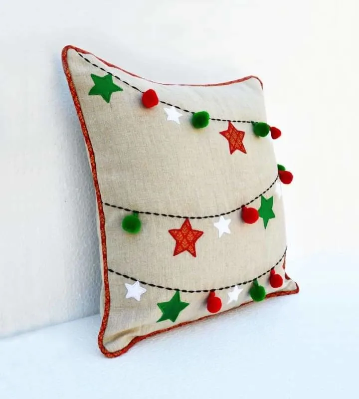 Christmas linen pillow cover, ornaments, garland, Indian brocade, applique, embroidered pillow size 16"X 16"