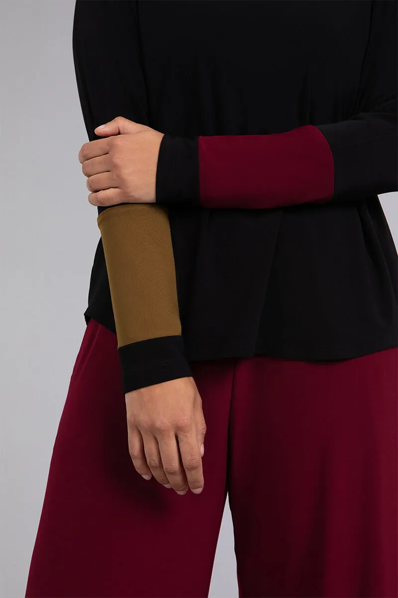 Colour Block Sleeve Nu Cinch Top | Blk/Tobacco/BStone