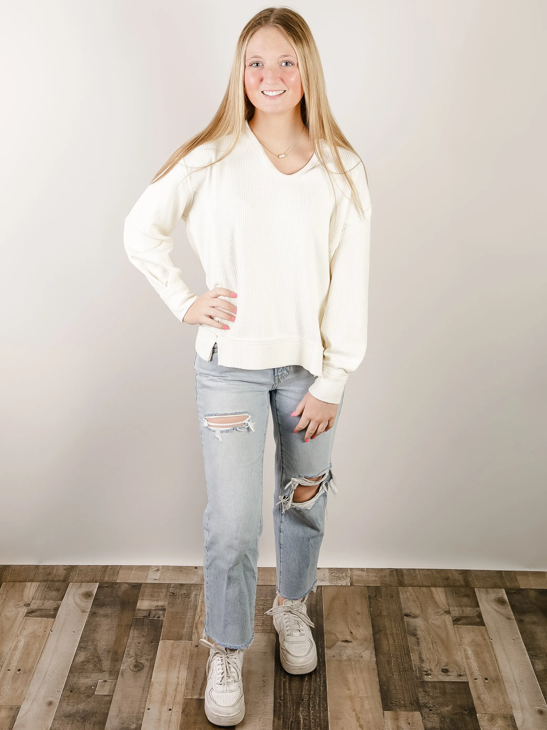 Cream Raw Edge Rib Knit Top