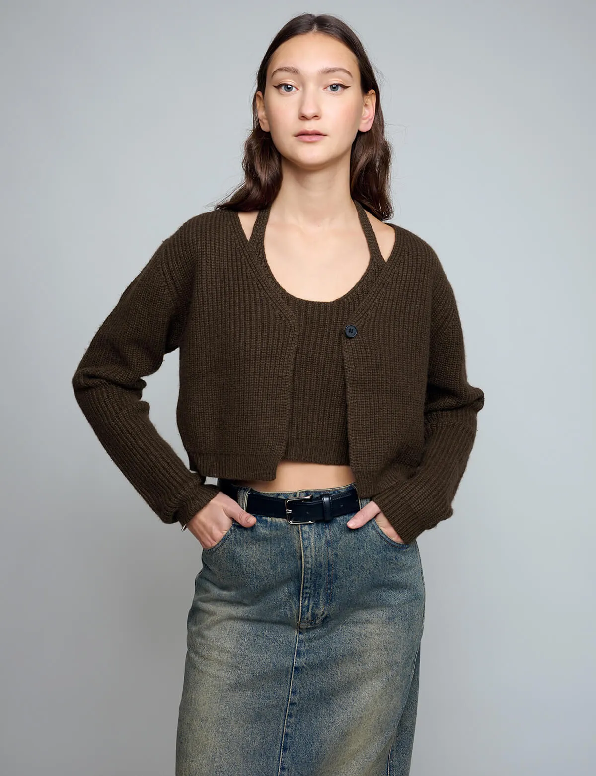 Crop Brown Halter Cardigan