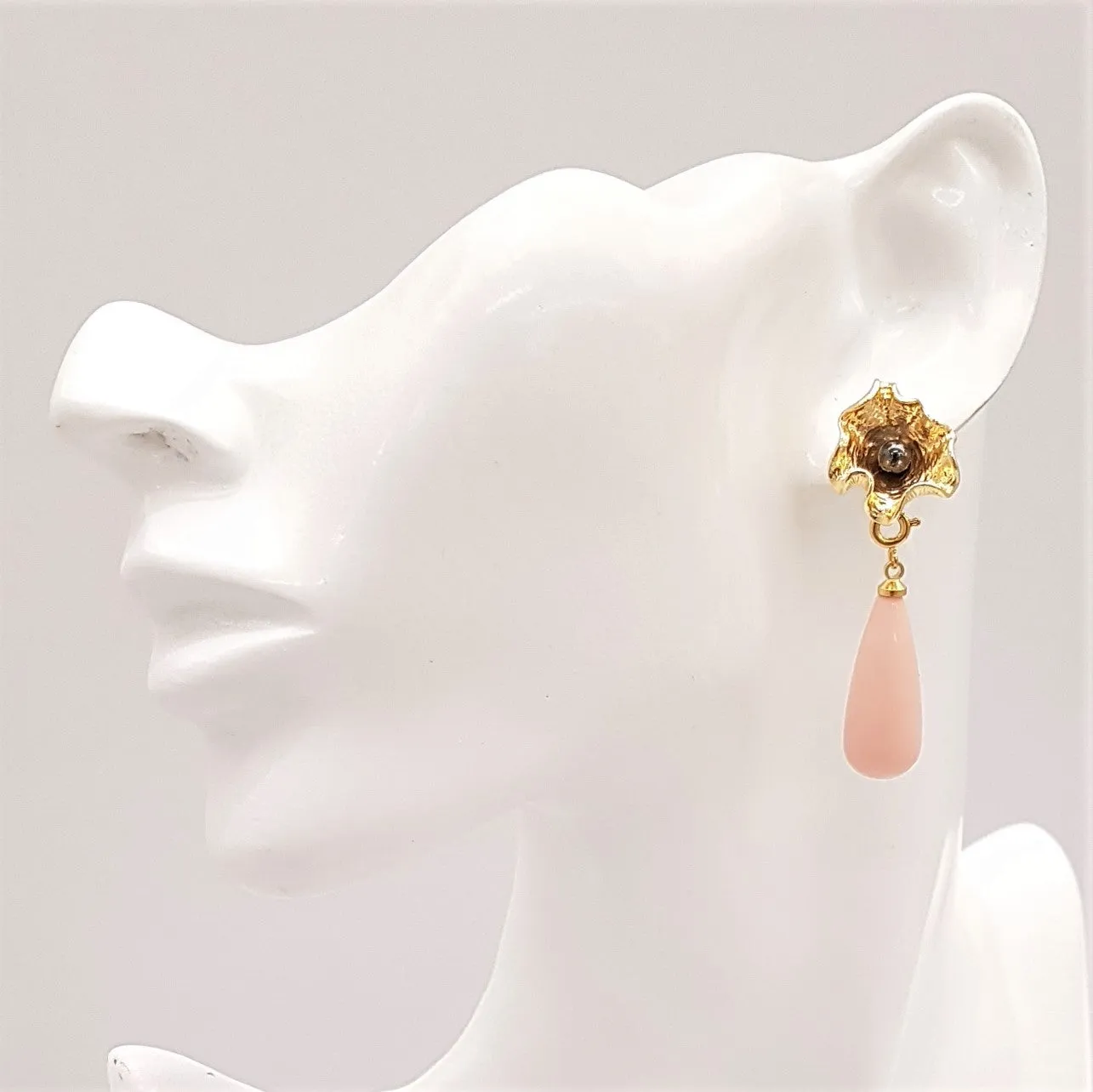 Crumpled Pearl Flower Studs with Coral Dangle Earrings