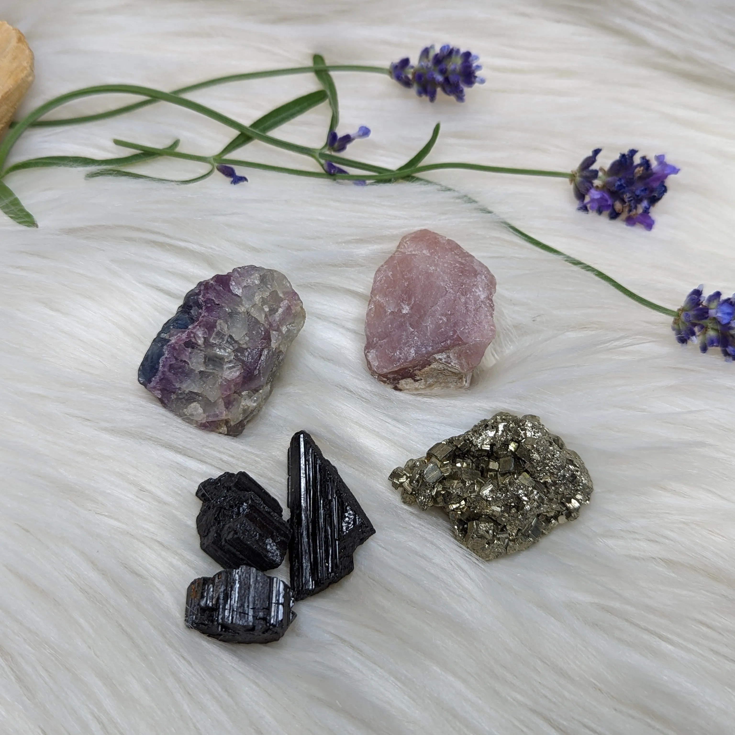 Crystal Set! Rainbow Flourite, Pyrite, Lavender Rose Quartz and Black Tourmaline- Set 2