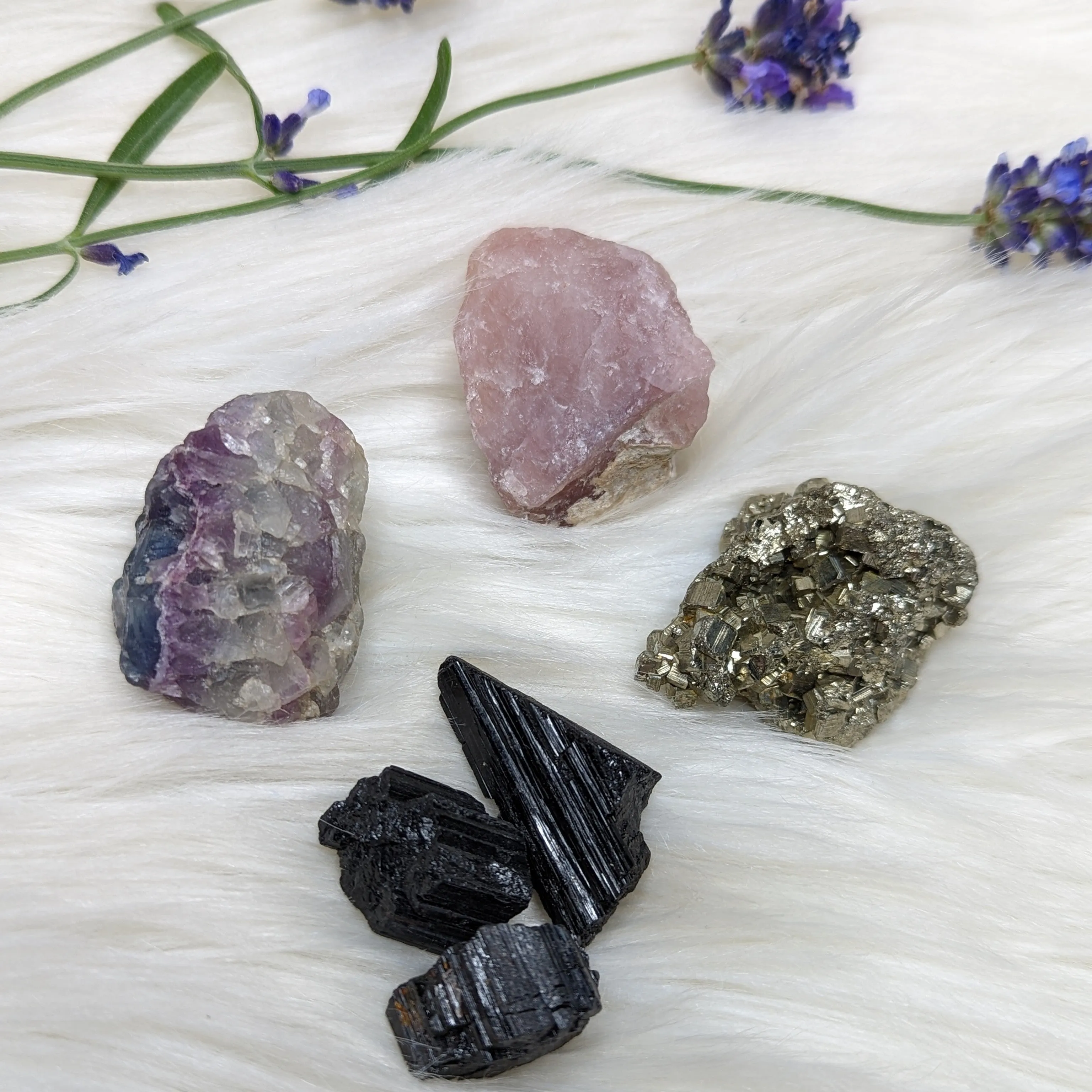 Crystal Set! Rainbow Flourite, Pyrite, Lavender Rose Quartz and Black Tourmaline- Set 2