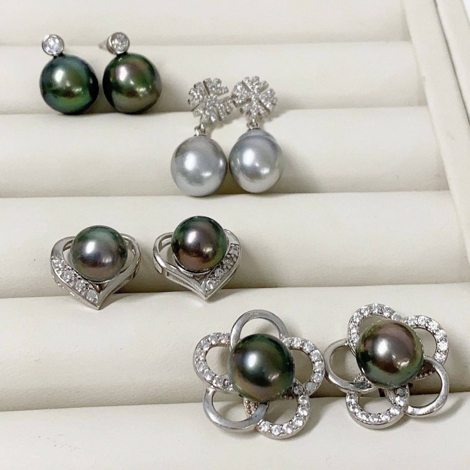 CZ snowflake dangle earrings - silver Tahitian pearls (E572)