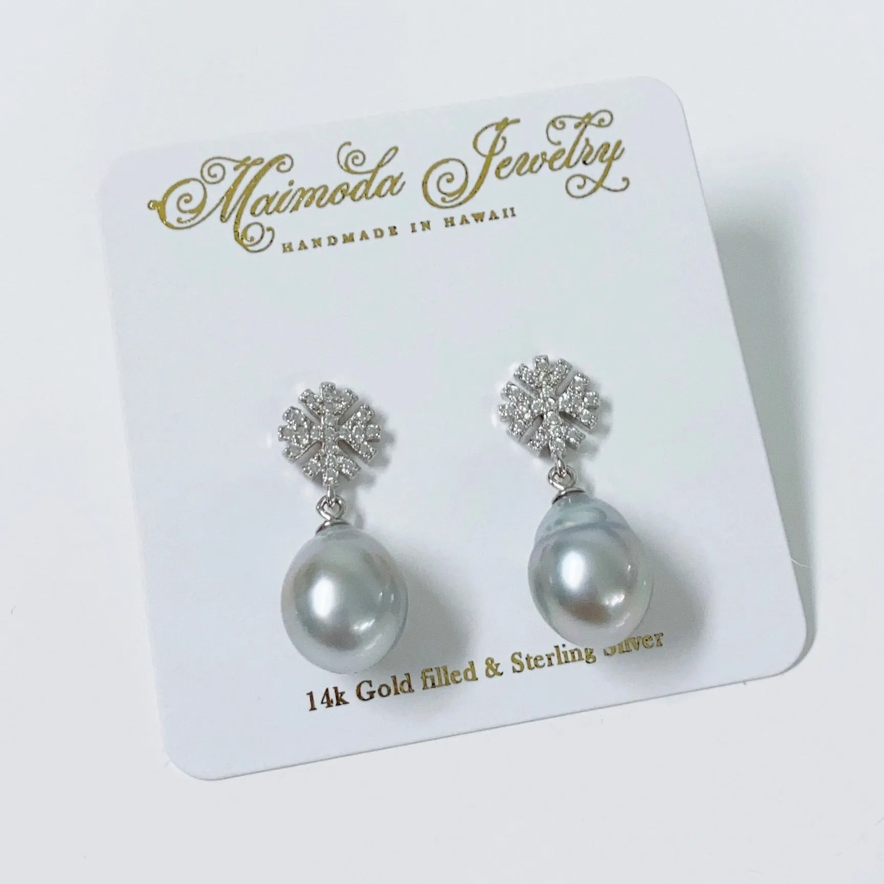 CZ snowflake dangle earrings - silver Tahitian pearls (E572)